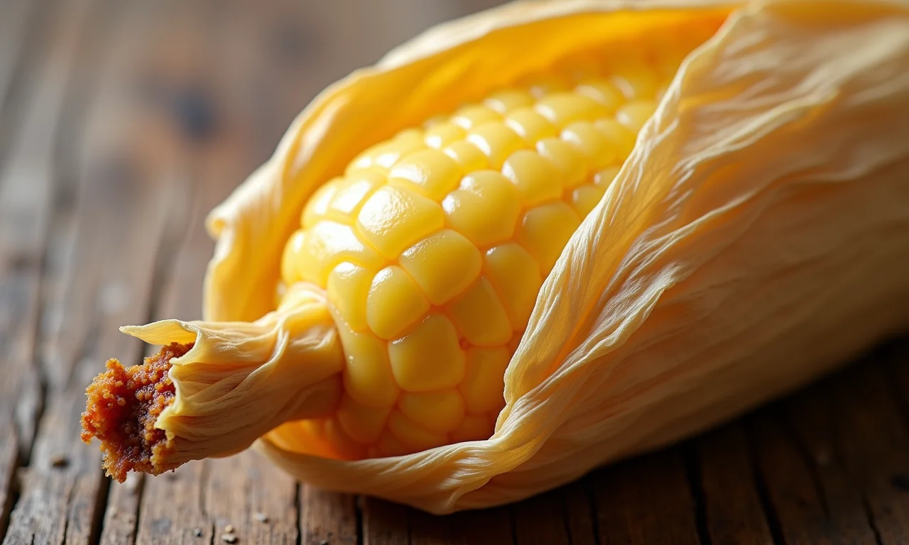 Pamonha doce tradicional com a palha parcialmente aberta.