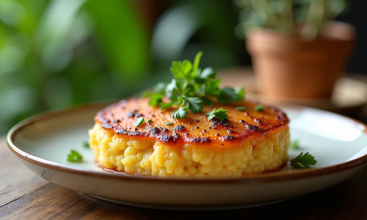 Pamonha salgada com ervas finas em um prato rústico.