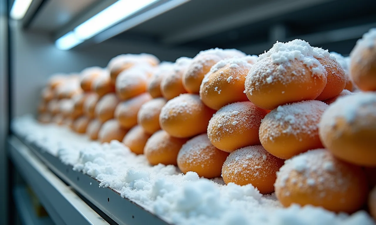 Pamonhas congeladas empilhadas em um freezer.