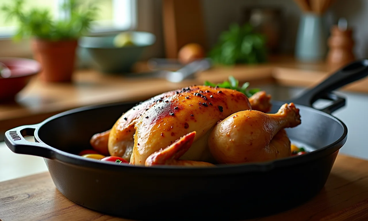 Panela de ferro fundido Le Creuset com frango assado.