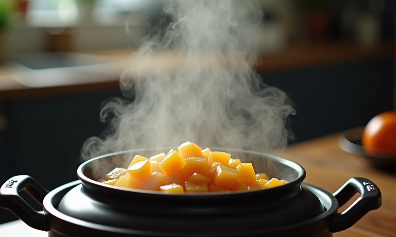 Panela de pressão cozinhando feijão rapidamente.