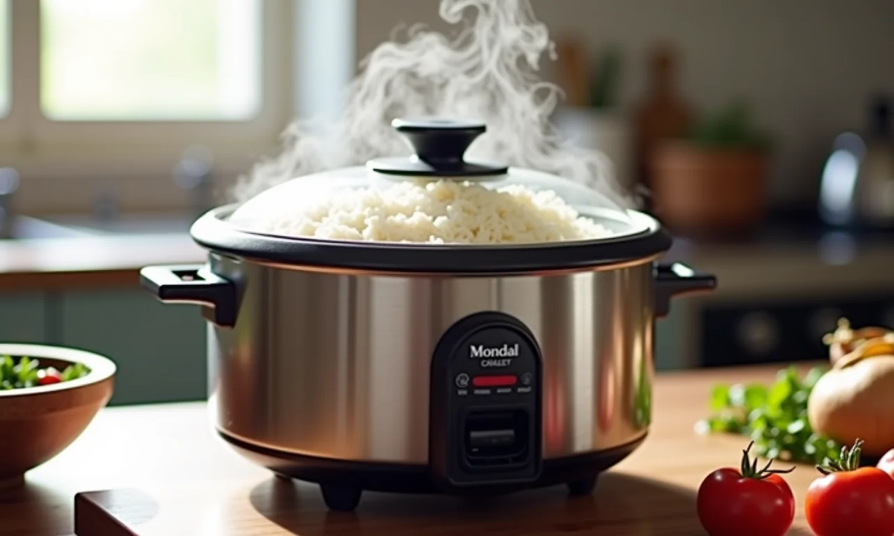 Panela elétrica de arroz Mondial cozinhando arroz, mostrando a praticidade do uso.