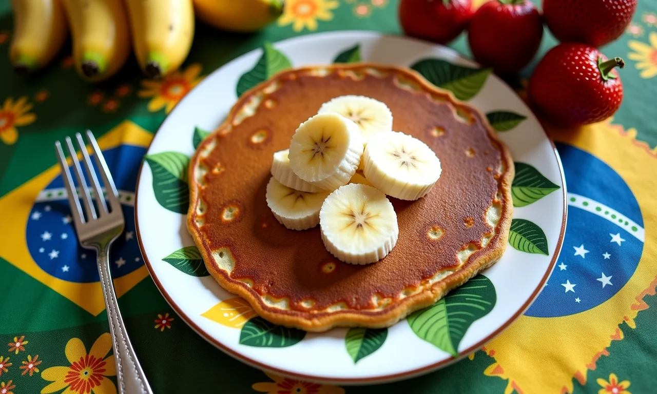 Panqueca de banana fit decorada com frutas, uma opção de café da manhã saudável e deliciosa.