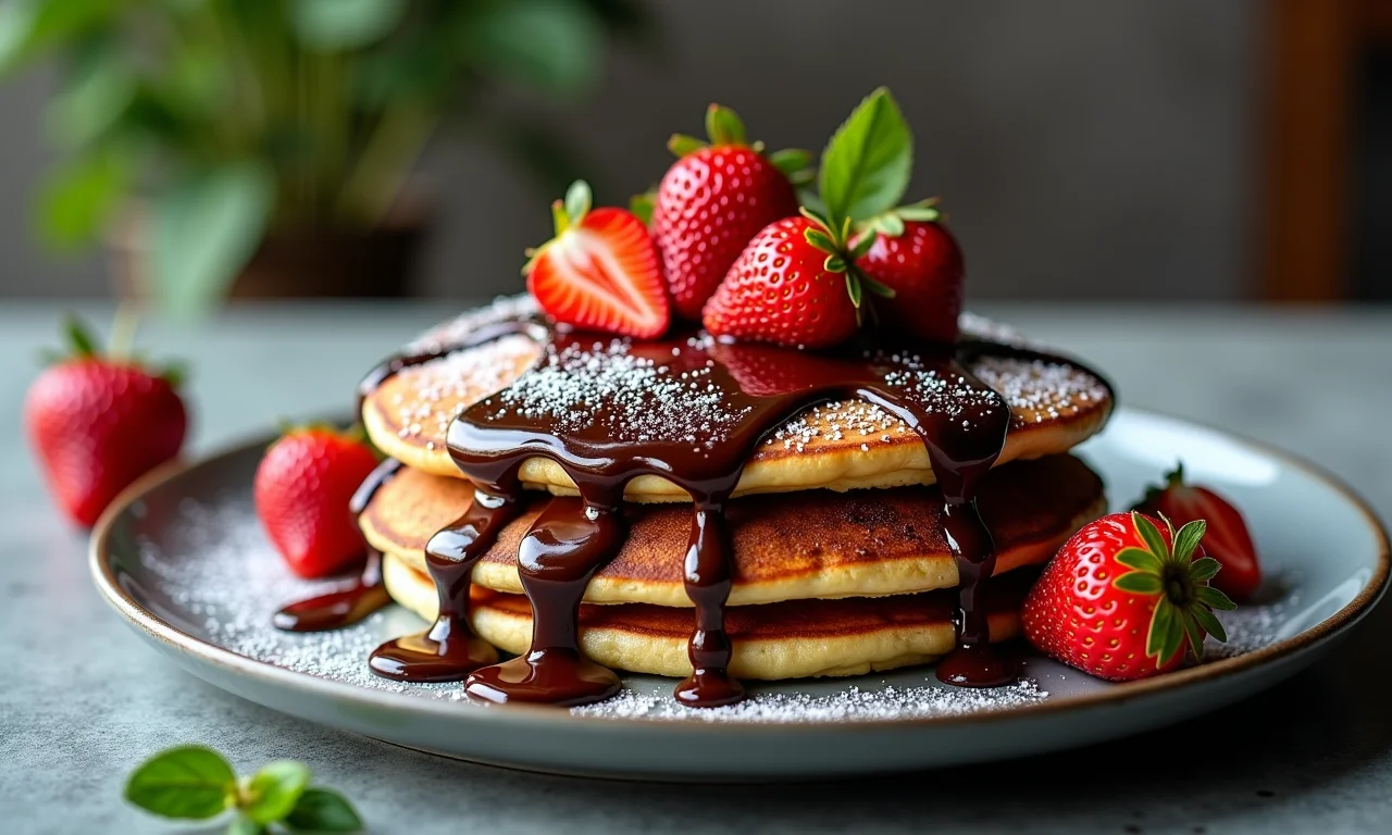 Panqueca recheada com chocolate e morango, regada com calda de chocolate.