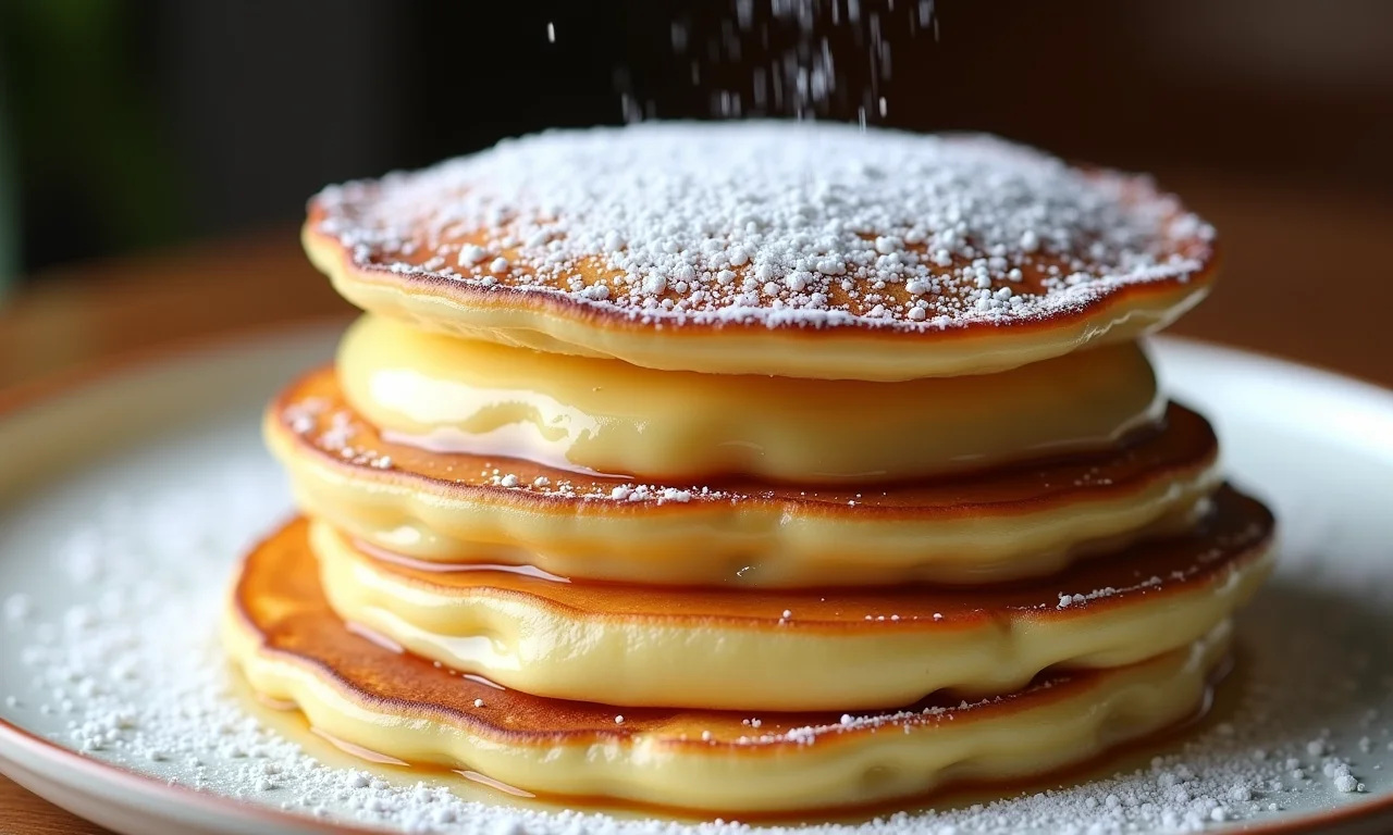Panqueca recheada com doce de leite, polvilhada com açúcar de confeiteiro.