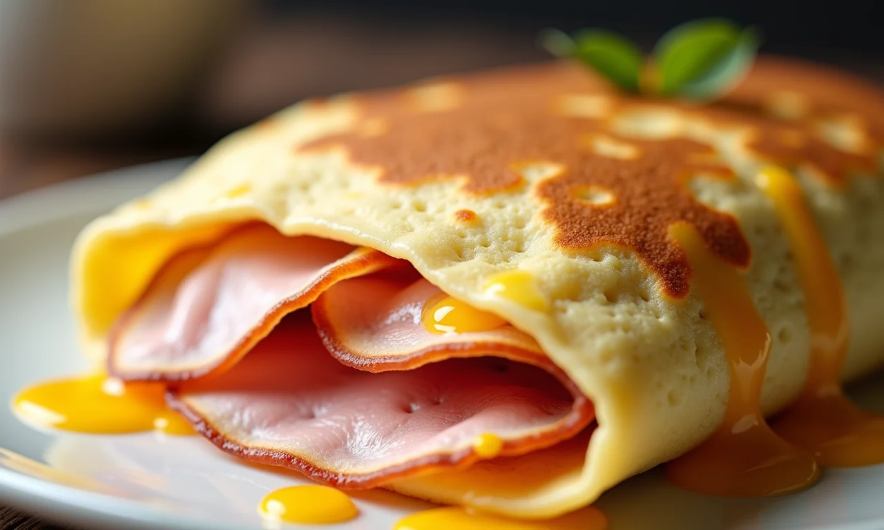 Panqueca recheada com queijo derretido e presunto.