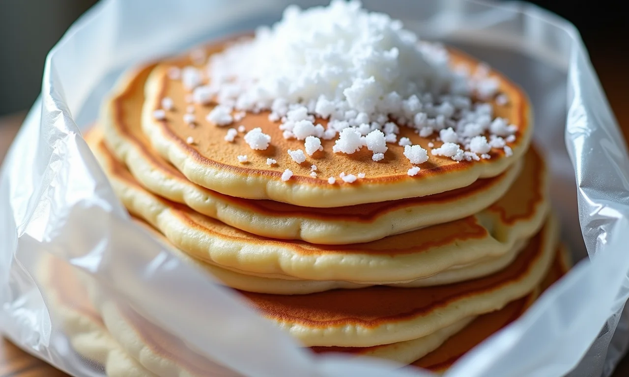Panquecas já recheadas congeladas em um saco plástico.