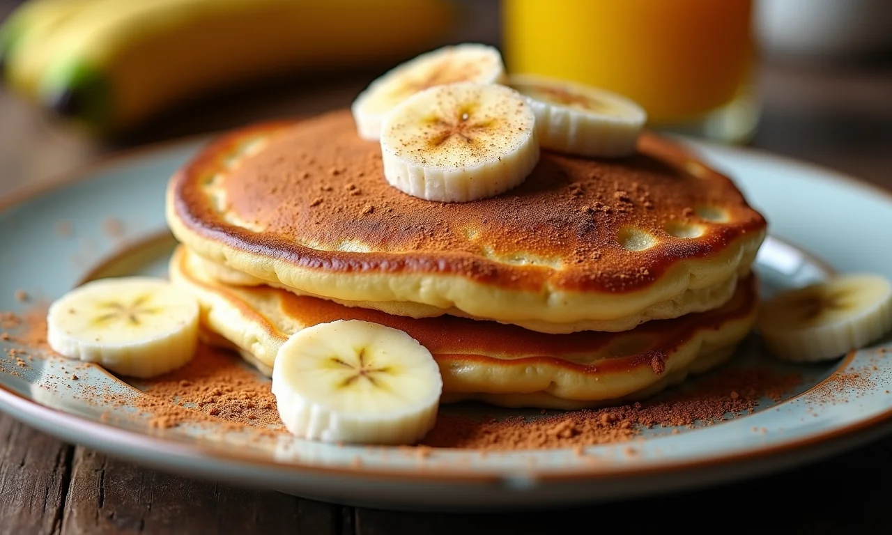 Panquecas recheadas com banana fatiada e polvilhadas com canela.