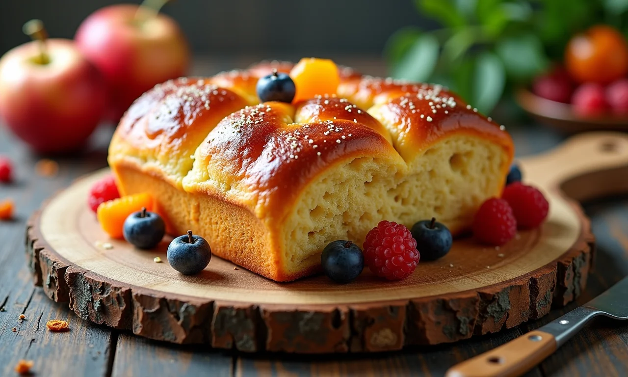 Pão de doce com frutas cristalizadas em tábua de madeira.