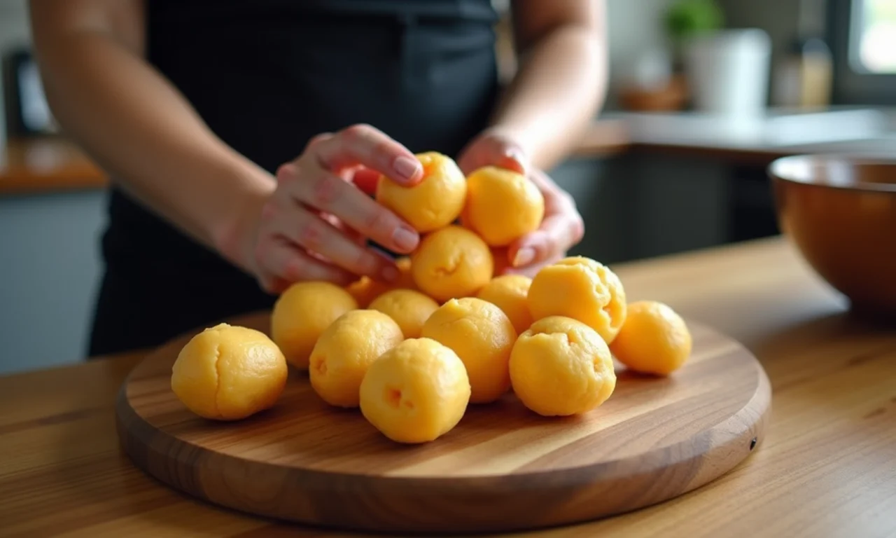 Pão de queijo caseiro em tábua de madeira, acompanhado de café brasileiro e mãos femininas.