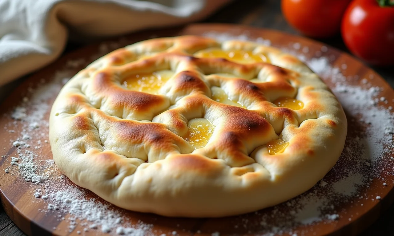 Pão pita caseiro inflando em uma cozinha ensolarada.