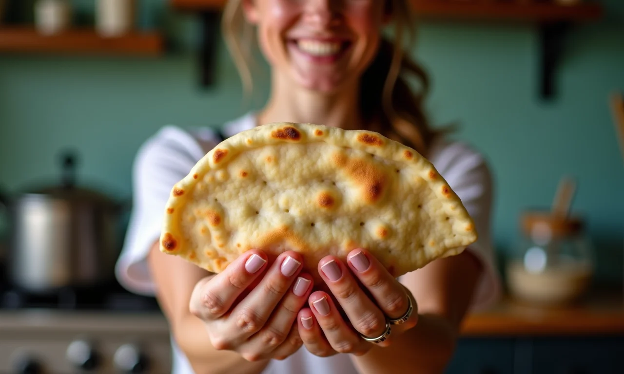 Pão pita caseiro sendo segurado por mãos em uma cozinha vibrante.