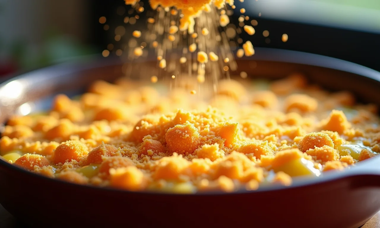 Pão ralado sendo polvilhado sobre o gratinado.