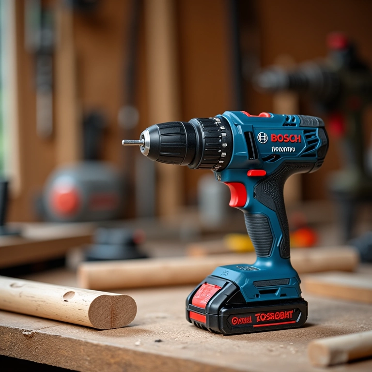 Parafusadeira/Furadeira Bosch em oficina de madeira.