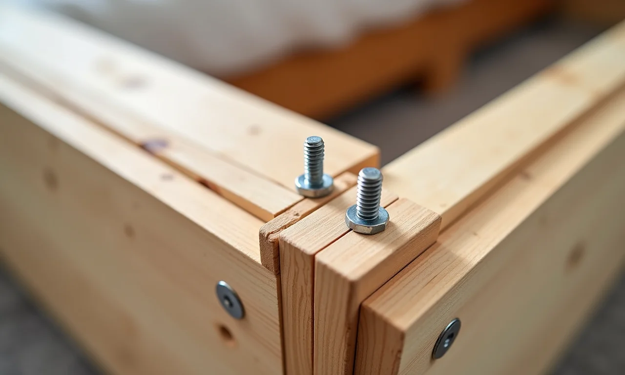 Parafusos fixando firmemente as juntas de madeira do box de colchão.