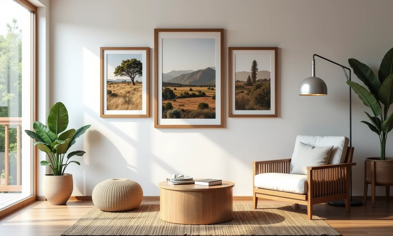 Parede com colagem de fotos em quadros em sala de estar aconchegante.