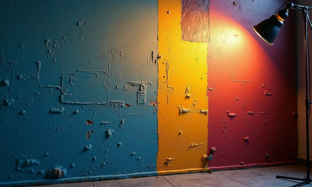 Parede com grafiato perfeitamente acabado, com iluminação profissional destacando os detalhes.