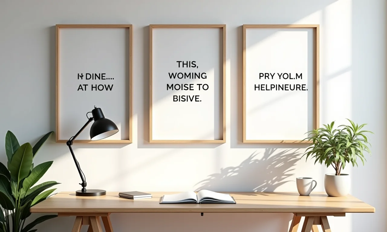 Parede com quadros de frases motivacionais em escritório.