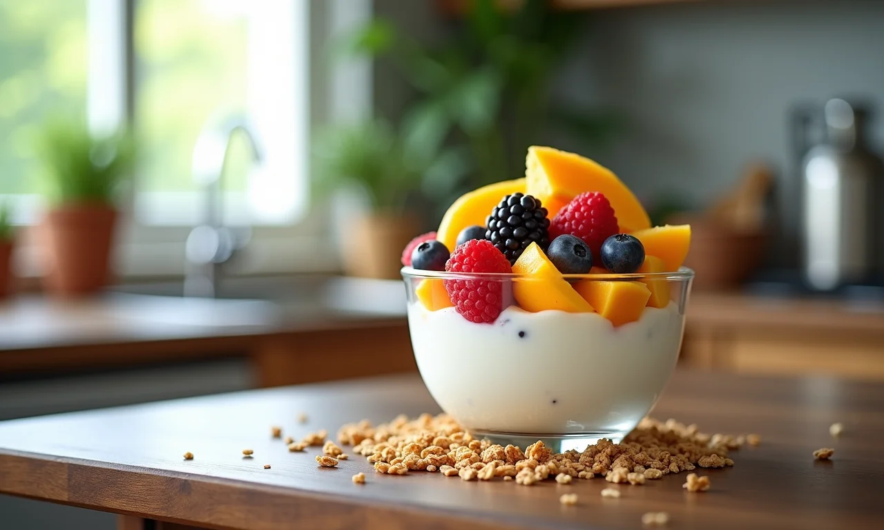 Parfait de iogurte natural com frutas tropicais e granola.