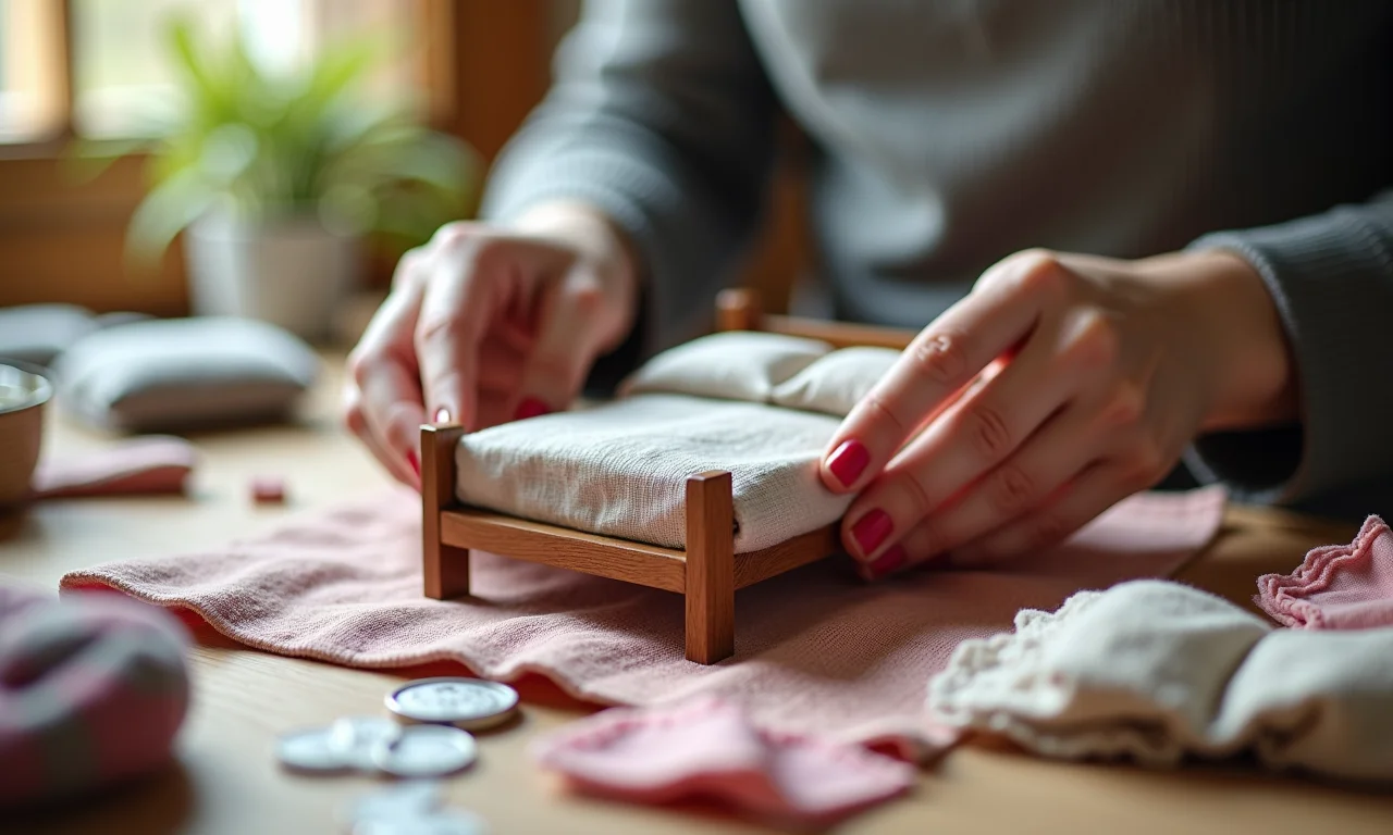 Passo a passo da criação de uma cama de boneca com retalhos de tecido.