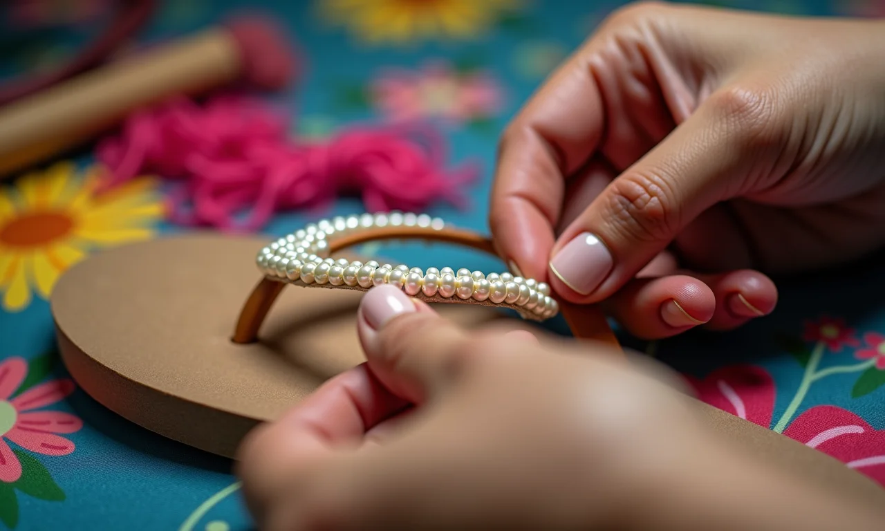 Passo a passo da customização de chinelos com pérolas.