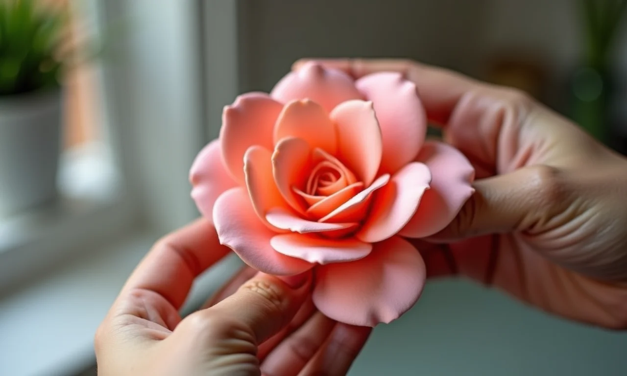 Passo a passo: mãos moldando pétalas de EVA em flor simples.