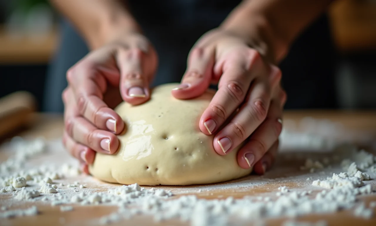 Passo a passo: mãos preparando a massa de pizza em uma superfície enfarinhada.