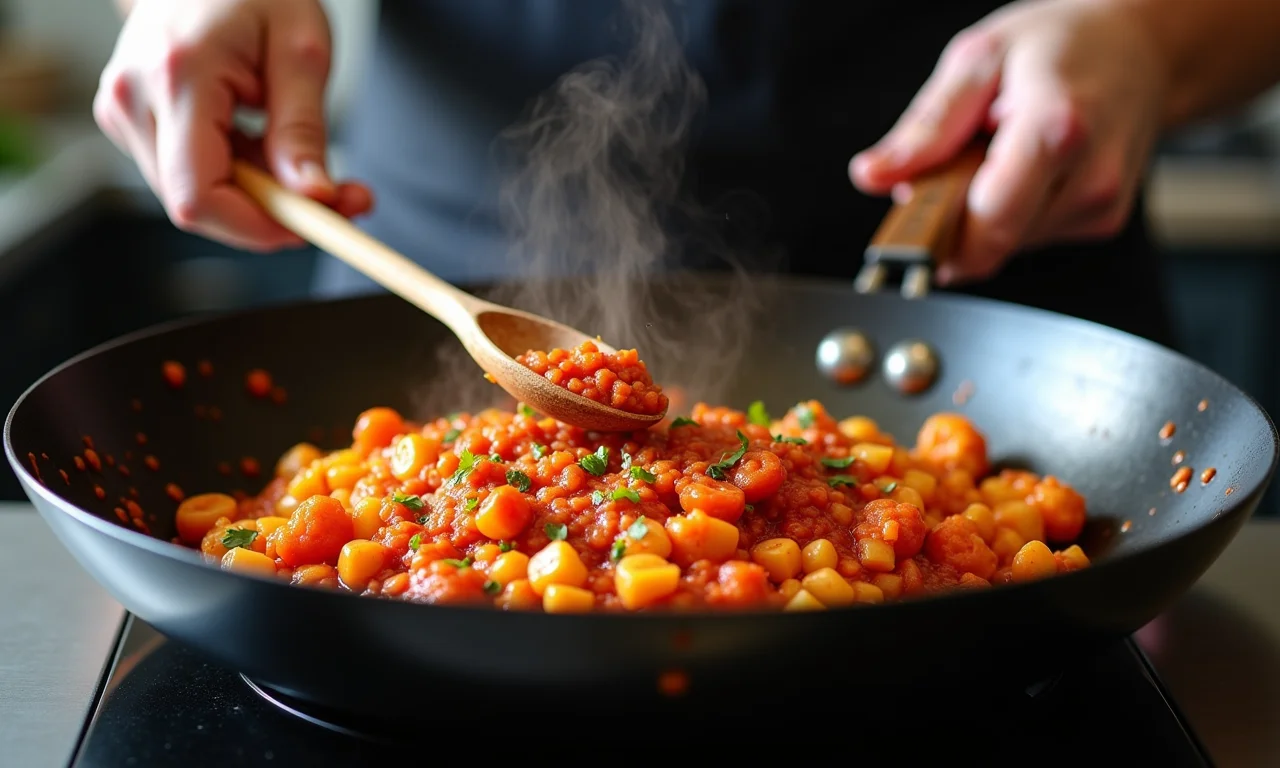 Pasta de alho e pimenta sendo adicionada ao nasi goreng.