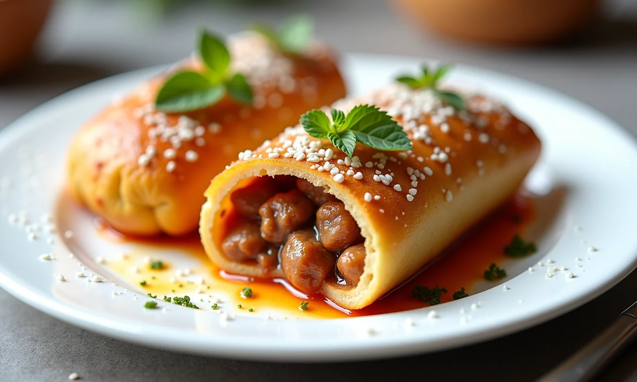 Pastel de carne seca com catupiry em um prato branco.