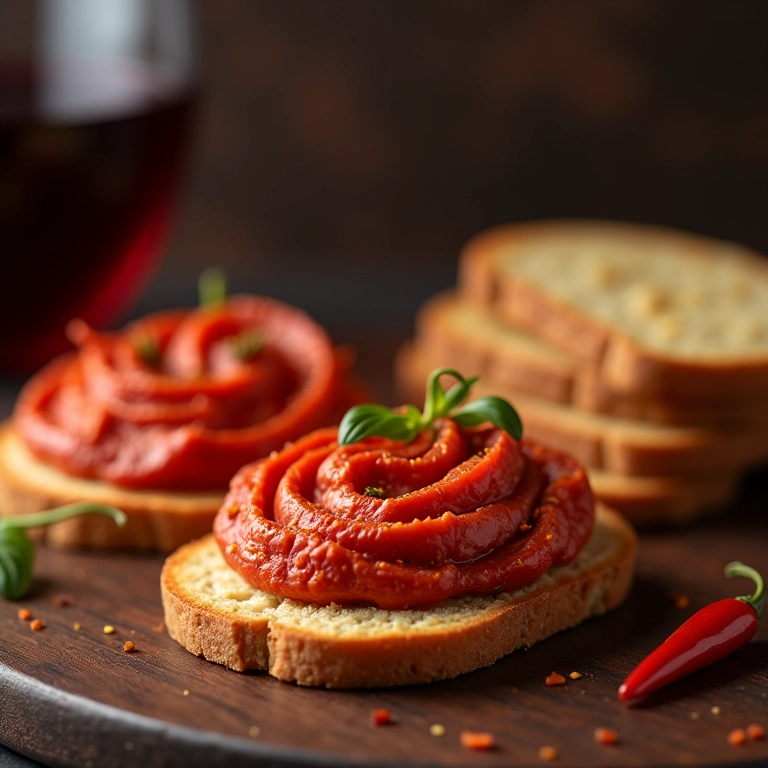 Patê de tomate seco apimentado em biscoitos, com pimenta e vinho tinto.