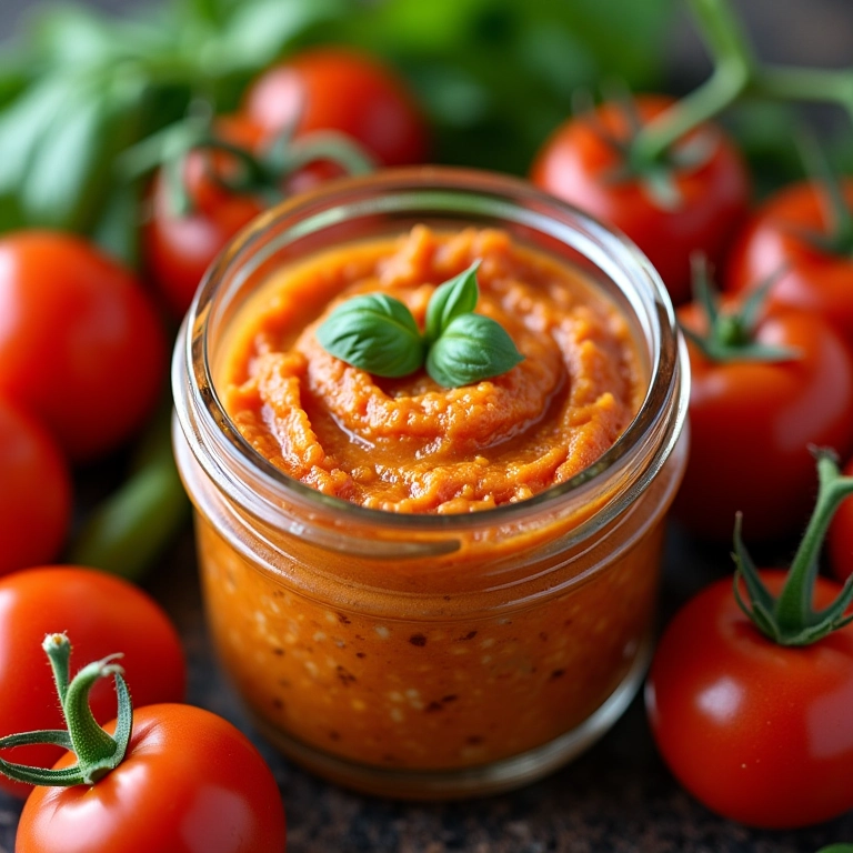 Patê de tomate seco com ricota e manjericão em um pote de vidro.