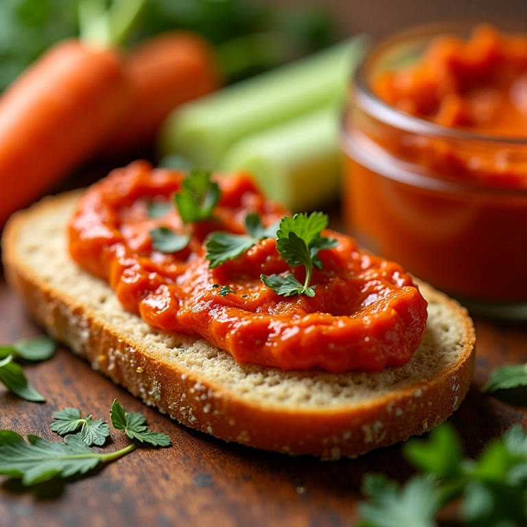 Patê de tomate seco vegano em baguete com vegetais frescos.