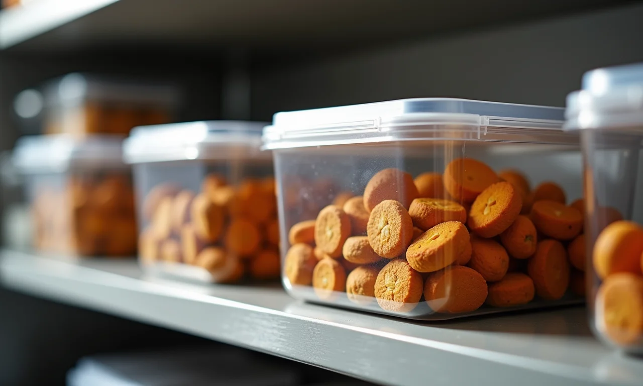Pedaços de cocada em recipiente hermético na prateleira da despensa.