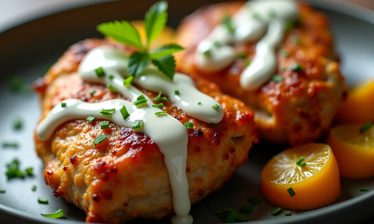 Pedaços de frango sendo marinados em iogurte cremoso.