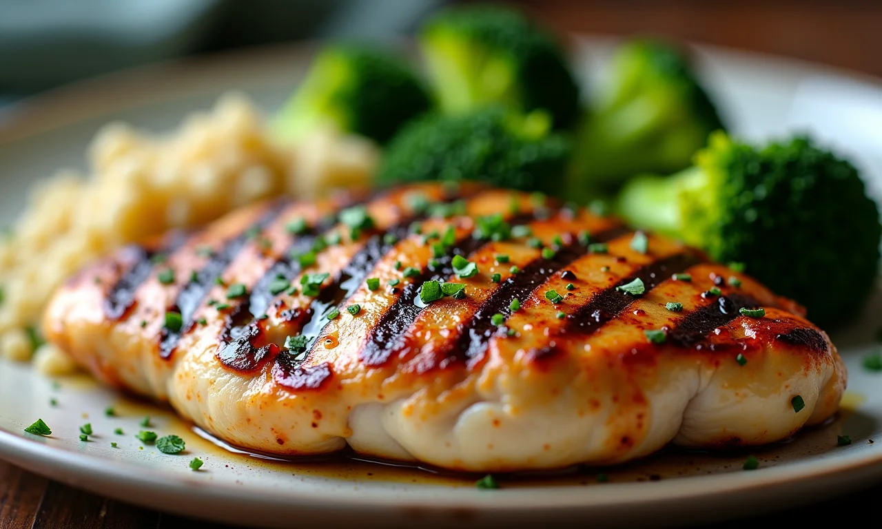 Peito de frango grelhado com brócolis e quinoa.