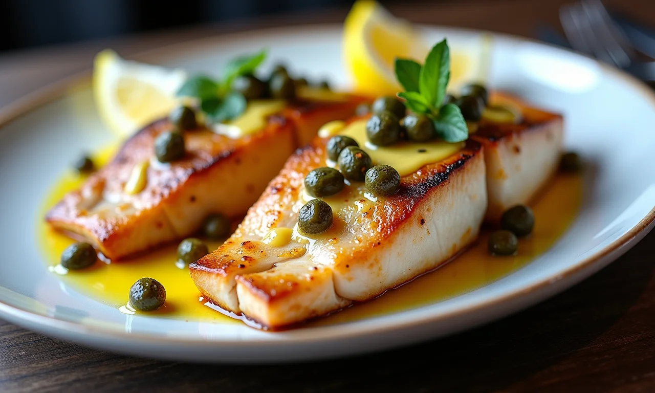 Peixe grelhado com beurre noisette, limão e alcaparras.