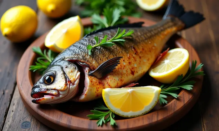 Peixe grelhado com pele crocante, limão e ervas.