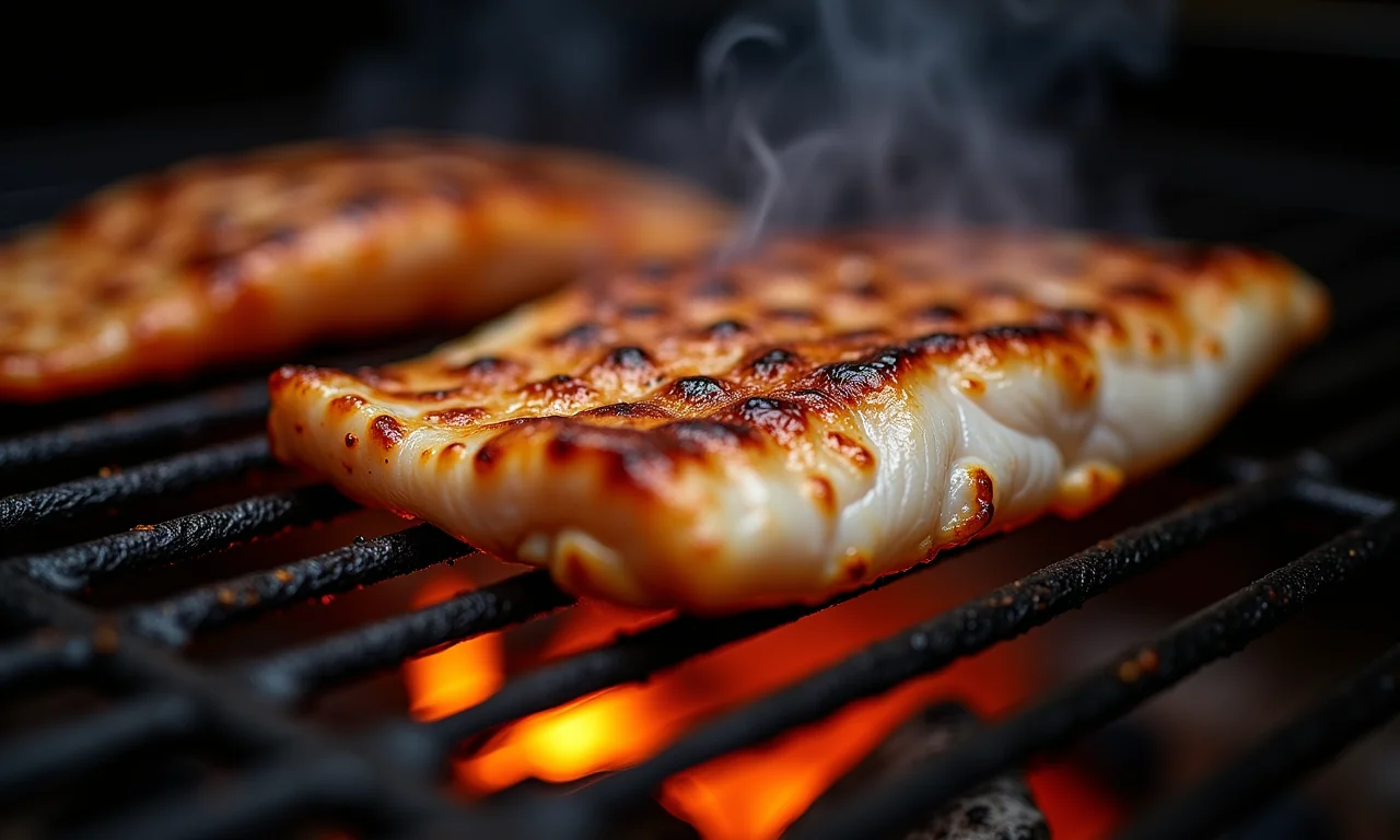 Peixe grelhando na churrasqueira.