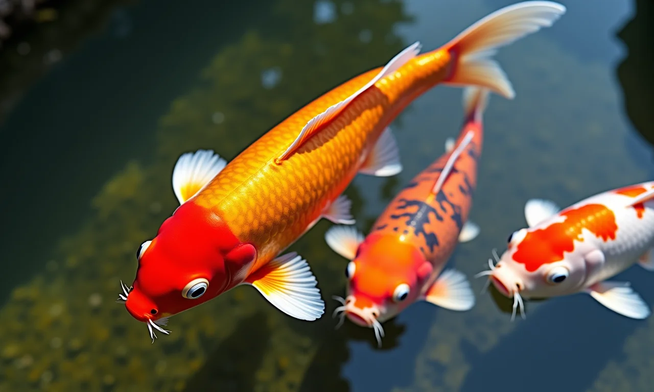 Peixes Koi coloridos nadando em um lago ornamental com água cristalina.