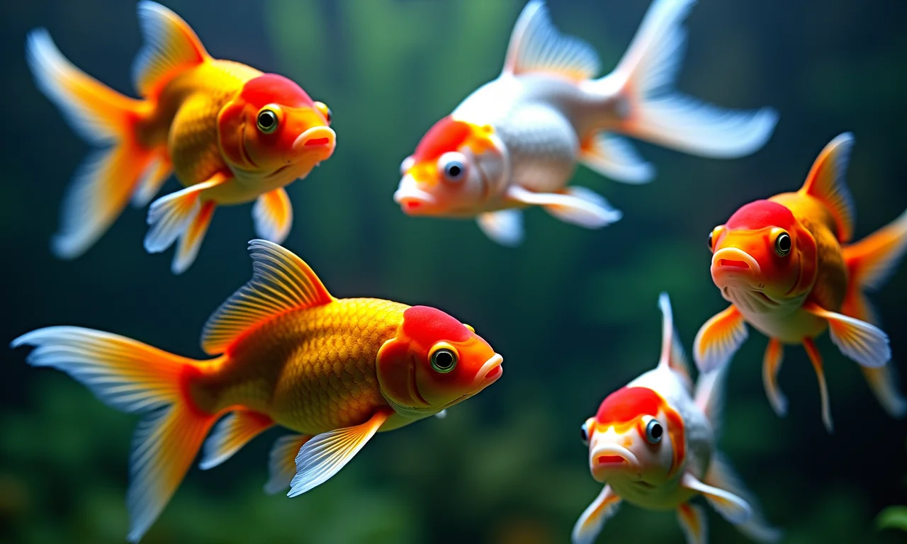 Peixes ornamentais para laguinho: goldfish e koi nadando em águas cristalinas.