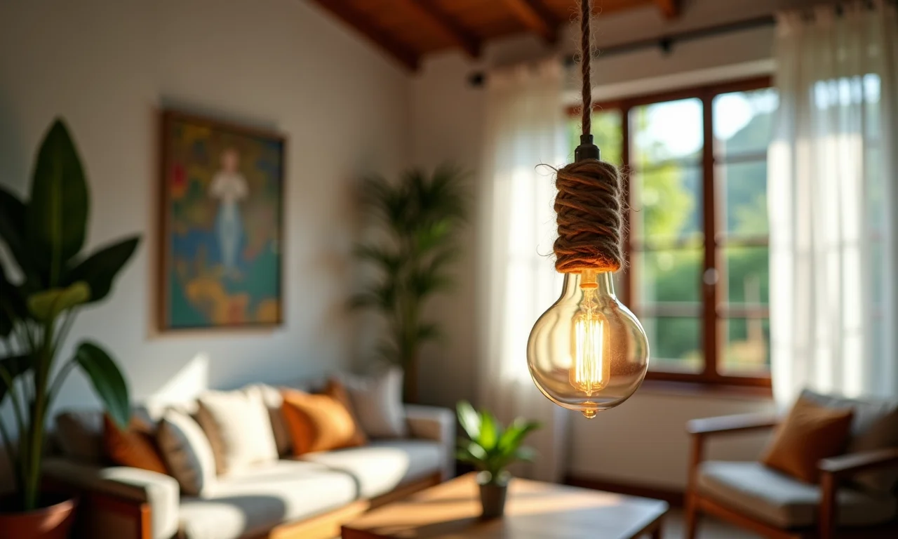 Pendente de barbante artesanal iluminando uma sala aconchegante.