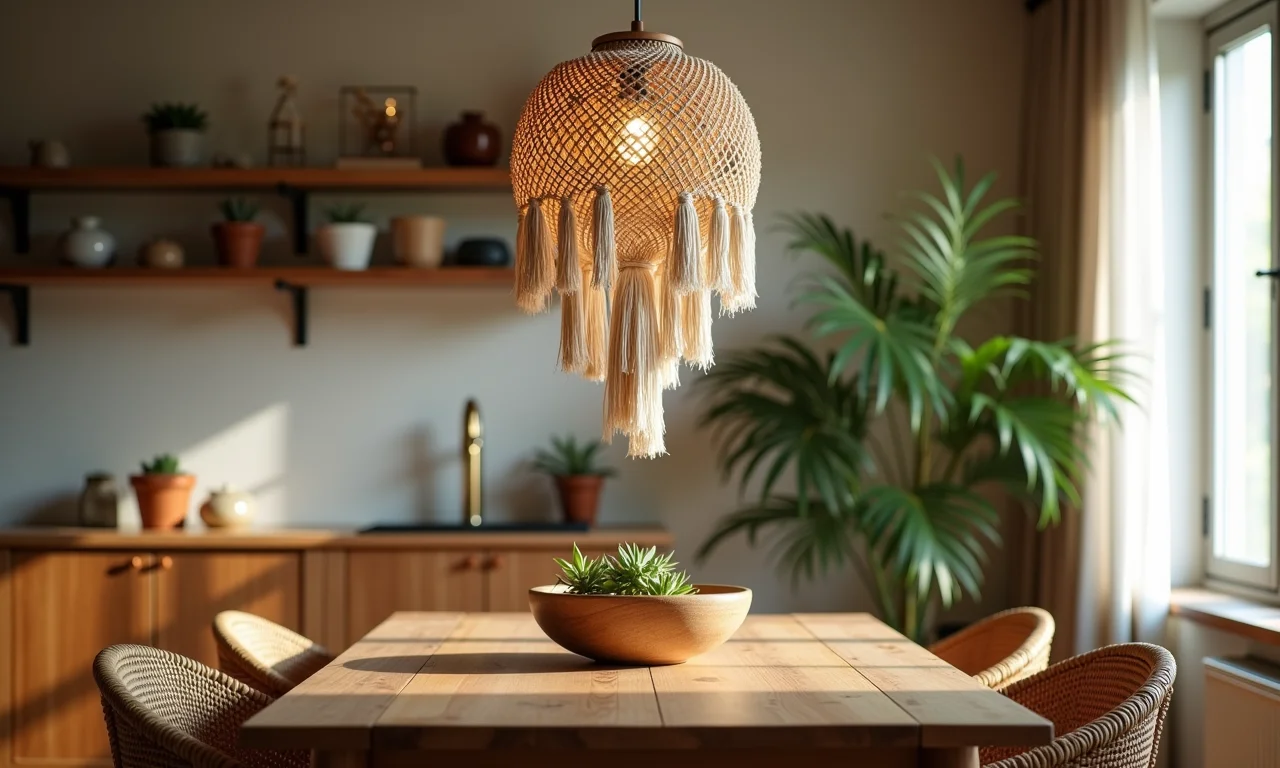 Pendente de macramê com estilo boho chic em apartamento decorado.