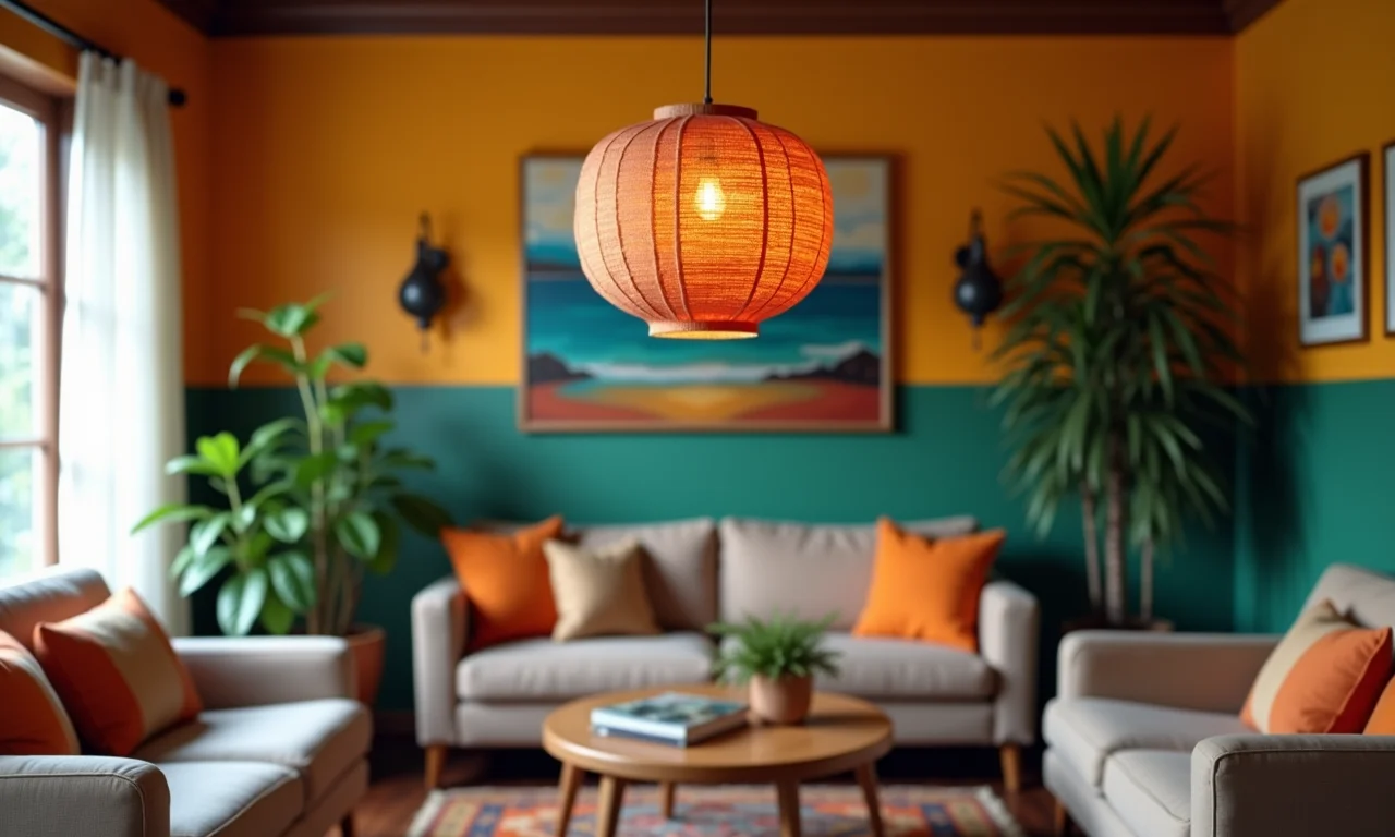 Pendente de tecido colorido em sala de estar com decoração vibrante.