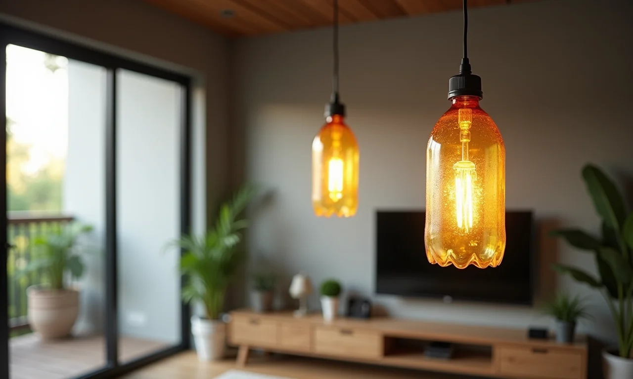 Pendente feito com garrafas PET, exemplo de sustentabilidade e estilo.