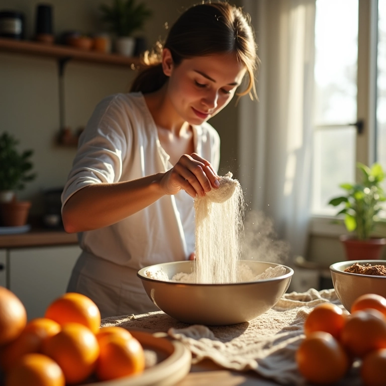Peneirando a farinha para um bolo de laranja mais fofo.