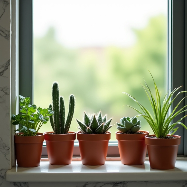 Pequenas plantas em vasos decorando a janela do banheiro.
