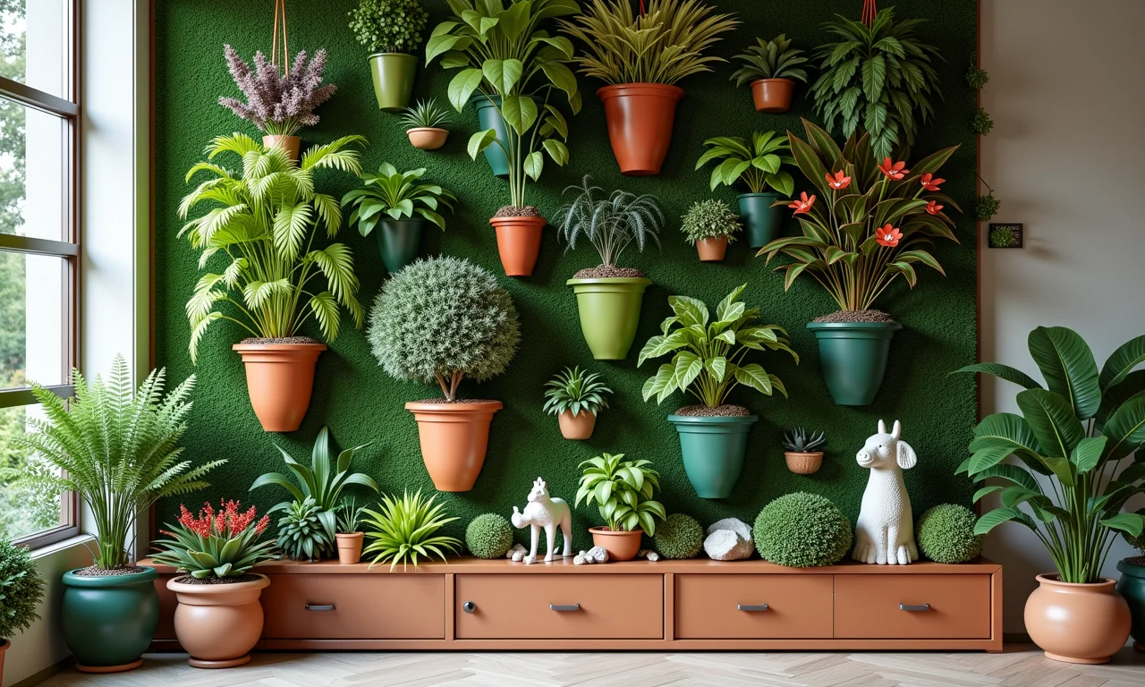 Personalizando jardim vertical com detalhes criativos: vasos coloridos e esculturas.