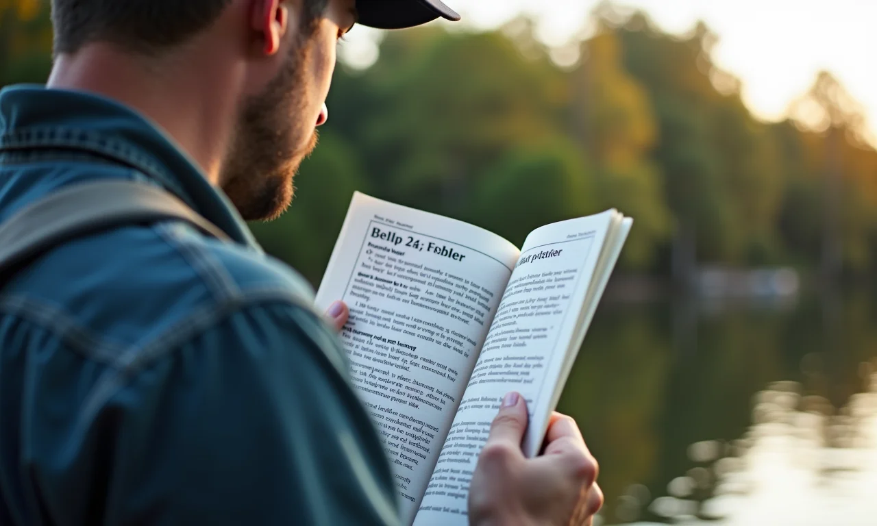 Pescador lendo regras sobre locais permitidos para pesca.
