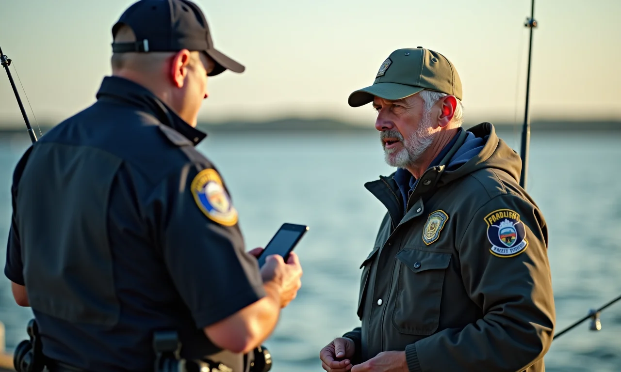 Pescador sendo abordado pela polícia por pescar sem carteira.