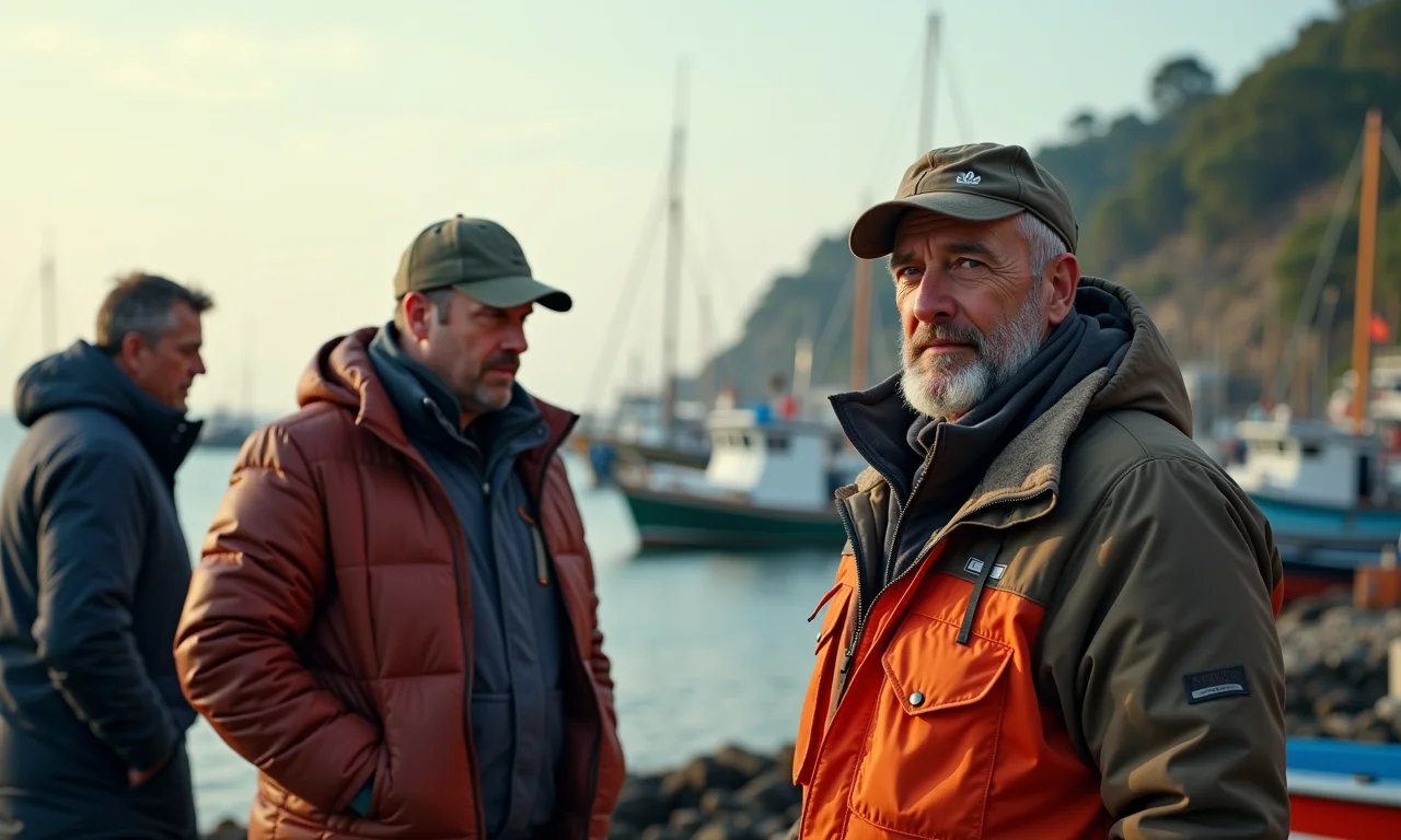 Pescadores reunidos em clube de pesca com barcos ao fundo.